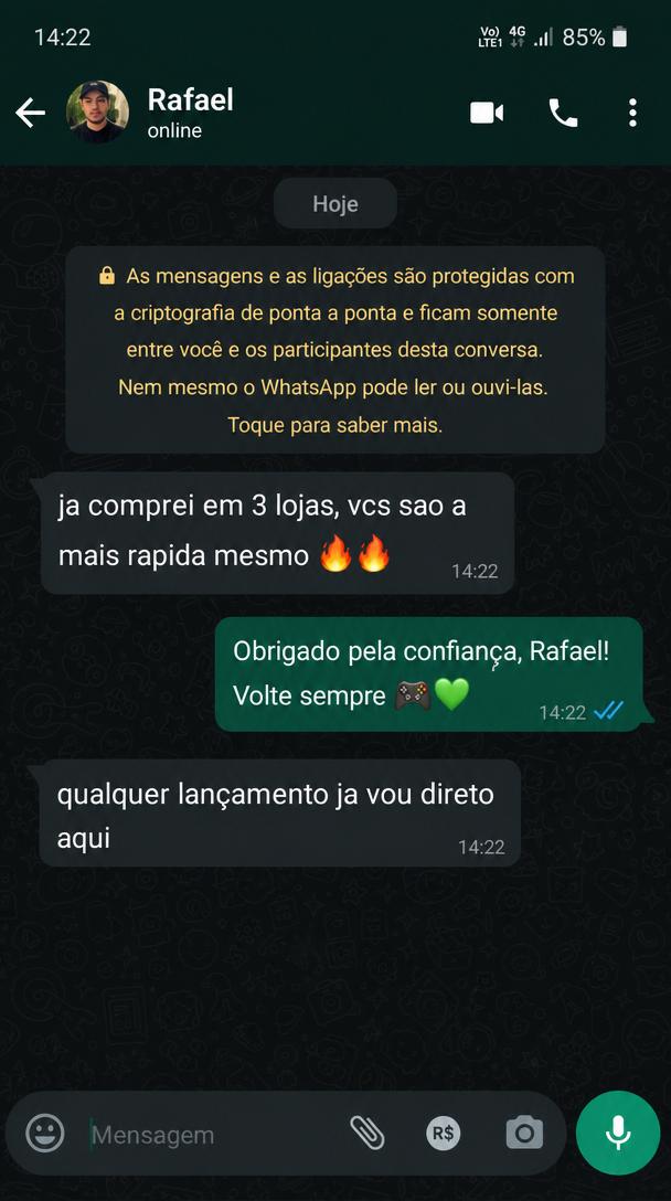 Cliente Rafael elogiando a rapidez da Dshop Games