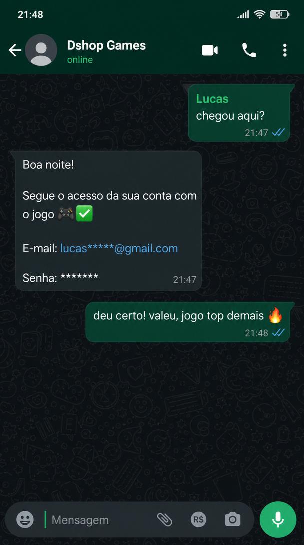 Cliente Lucas recebendo o acesso do jogo via WhatsApp